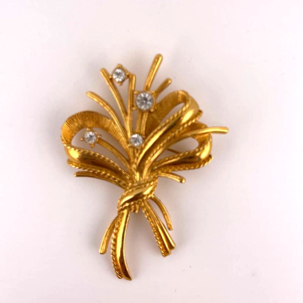 Vintage Gold‎ Tone With Diamond Rhinestone Art Nouveau Flower Boquet Brooch - Picture 3 of 4